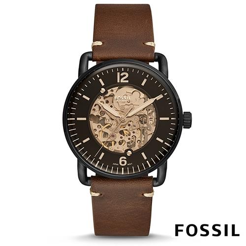 FOSSIL 美式原創設計雙面鏤空機械錶(ME3158)-黑x深咖啡/42mm