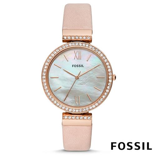 FOSSIL 絢雅光燦水鑽真皮腕錶(ES4537)-白珍珠母貝x玫瑰金/38mm