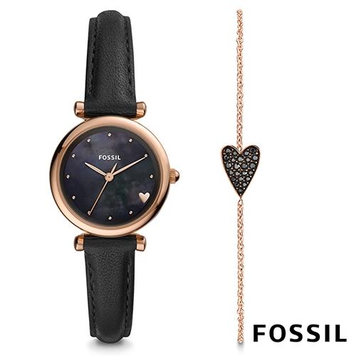 FOSSIL 黑色甜蜜愛心皮革腕錶(ES4506SET)-黑珍珠母貝x玫塊金錶盤/28mm