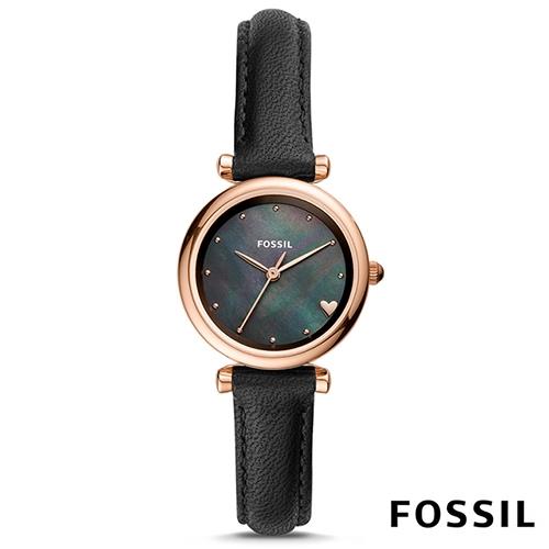 FOSSIL 黑色甜蜜愛心皮革腕錶(ES4504)-黑珍珠母貝x玫塊金錶盤/28mm