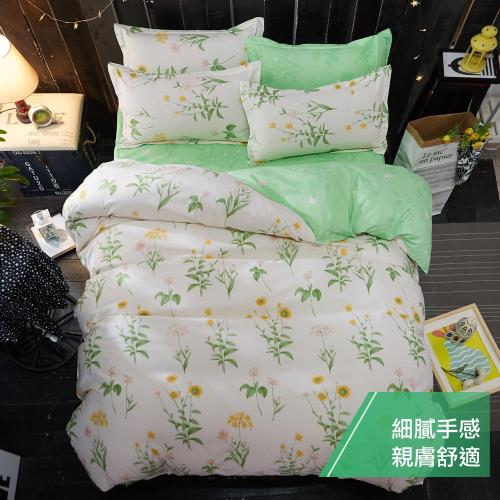 eyah 宜雅 台灣製時尚品味100%超細雲絲絨雙人床包枕套3件組-青青草園