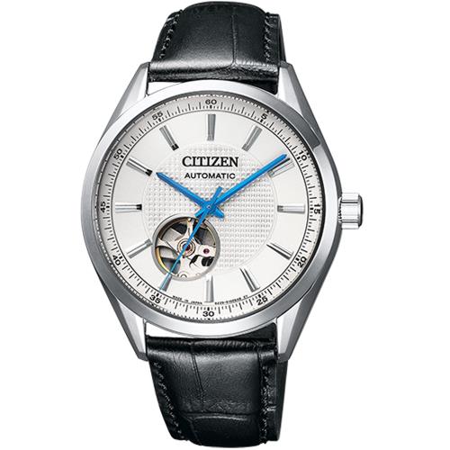 CITIZEN 星辰 時尚鏤空機械腕錶 NH9111-11A 銀x黑皮