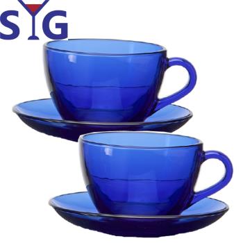 超值二入組【SYG 台玻】藍色玻璃咖啡杯盤組235cc