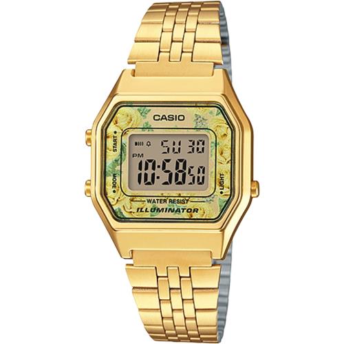 CASIO 復古玫瑰小錶徑全IP金電子女錶-黃色(LA680WGA-9C)