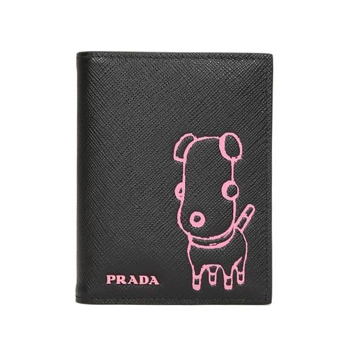 PRADA Pradamalia 防刮皮革萌寵圖案釦式輕便短夾(黑/粉紅)