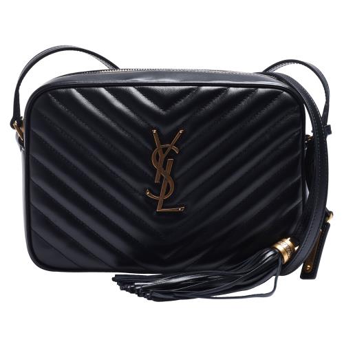 YSL MONOGRAM系列車縫V字紋亮面小牛皮復古金屬LOGO金鍊流蘇拉鍊肩/斜背包(黑)