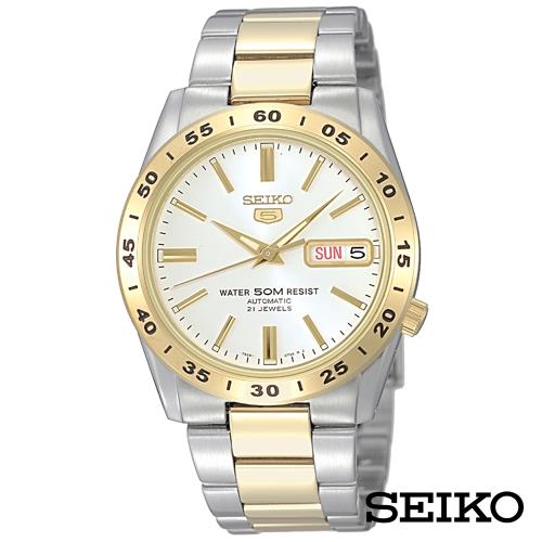 SEIKO精工 半金經典5號自動上鍊機械腕錶-白面+金x36mm SNKE04J1