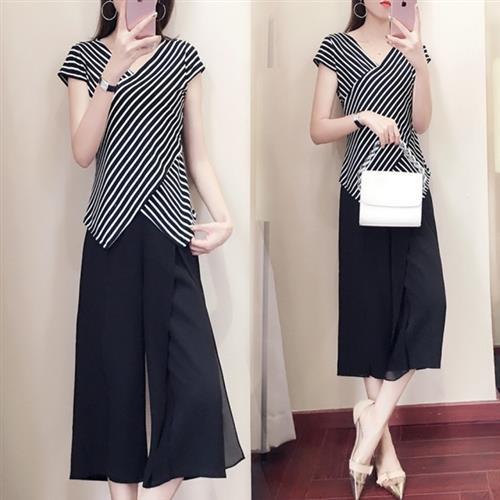【KVOLL】韓版氣質甜美條紋套裝兩件套XL-5XL