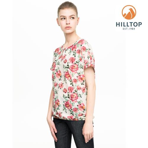 【hilltop山頂鳥】女款吸濕快乾抗UV彈性短袖襯衫S06F59卡其玫瑰暗粉印花