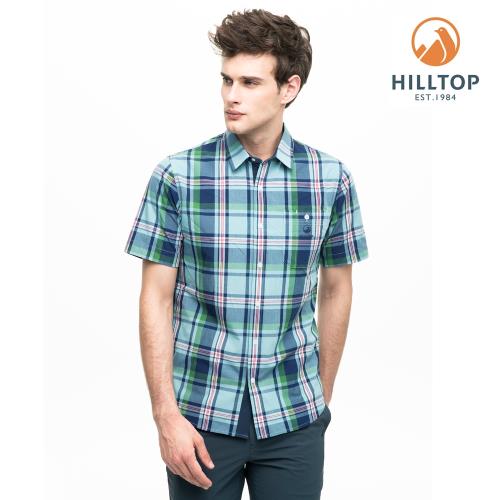 【hilltop山頂鳥】男款吸濕快乾抗UV短袖襯衫S06M67淺綠底深藍格
