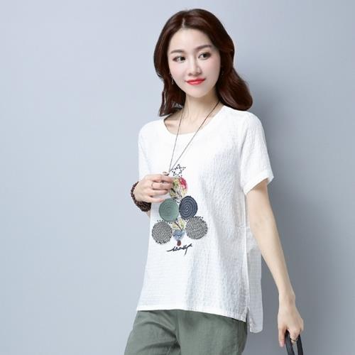 adora 韓版大碼刺繡貼布棉麻寬鬆顯瘦短袖t恤
