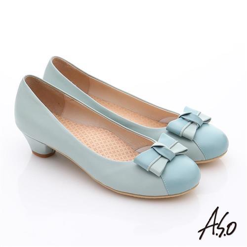 A.S.O 3E舒活寬楦 全真皮立體蝴蝶奈米低跟鞋- 淺藍