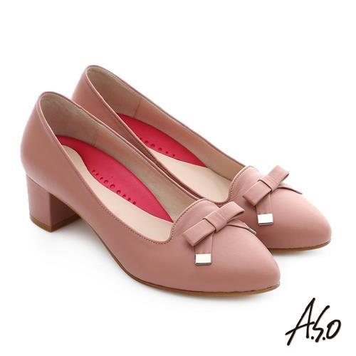 A.S.O 職場女力 綿羊皮蝴蝶結3D窩心中跟鞋- 粉紅