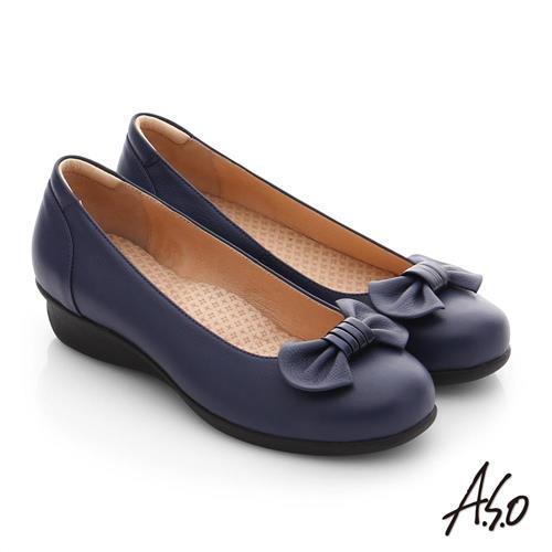 A.S.O 舒活寬楦 真皮蝴蝶結飾楔型鞋- 藍