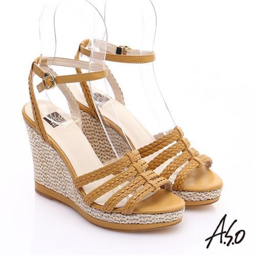 A.S.O 完美涼夏 真皮手工編織楔型涼鞋 正黃