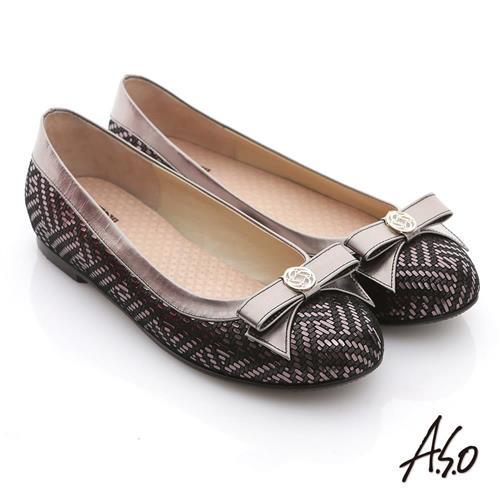 A.S.O 奢華美型 真皮金屬圖騰結飾平底鞋- 黑