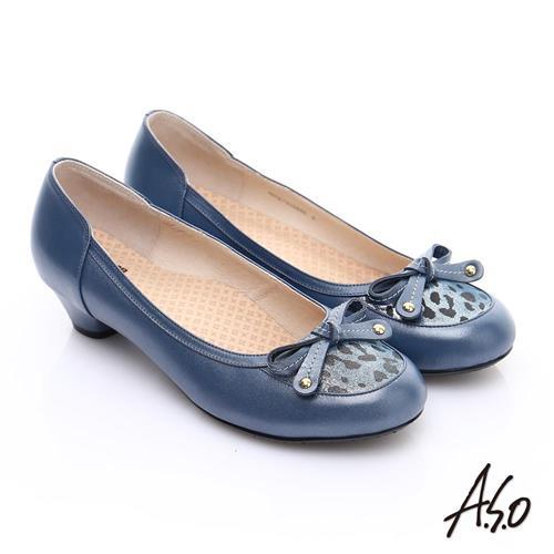 A.S.O 3E舒活寬楦 全真皮動物紋鞋面奈米低跟鞋- 藍