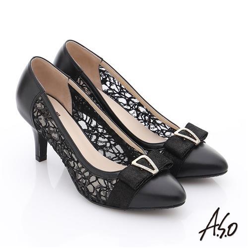 A.S.O 法式浪漫 牛皮拼接蕾絲布蝴蝶結鑽飾高跟鞋- 黑