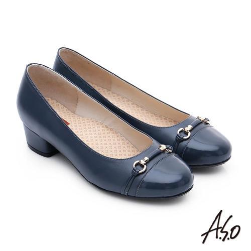 A.S.O 3E舒活寬楦 全牛皮飾帶窩心奈米低跟鞋- 深藍