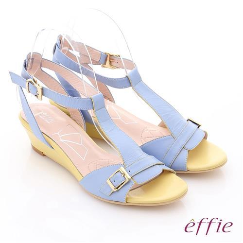 effie 軟芯系列 真皮軟墊T字楔型涼鞋 粉藍