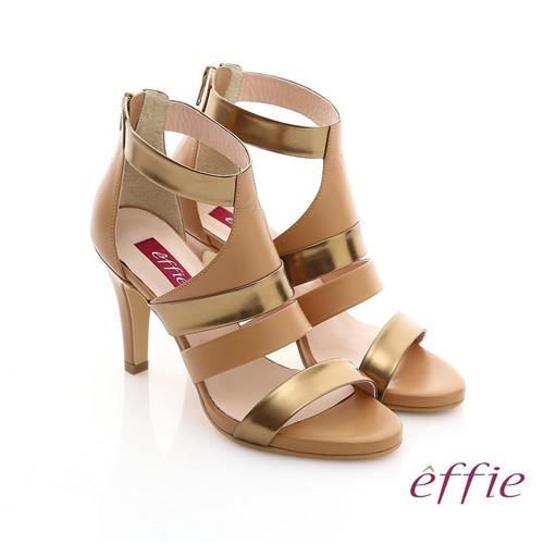 effie 修身美型系列 全真皮雙色拼接金箔露趾高跟鞋- 茶