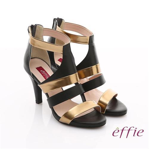 effie 修身美型系列 全真皮雙色拼接金箔露趾高跟鞋- 黑