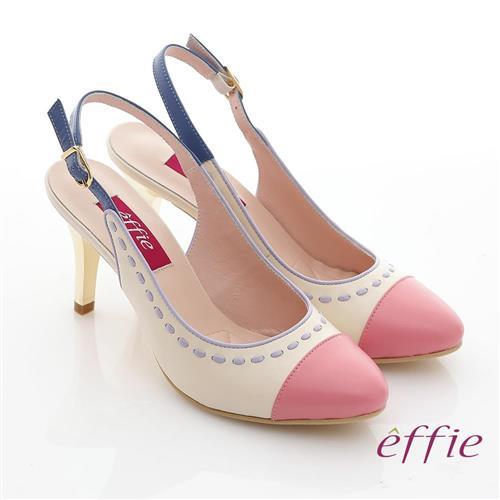 effie 軟芯系列 全真皮雙色拼接車縫線金屬細高跟鞋- 粉紅