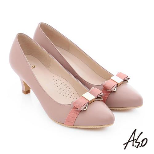 A.S.O 優雅美型 金屬織帶蝴蝶結窩心靜音高跟鞋- 粉紅
