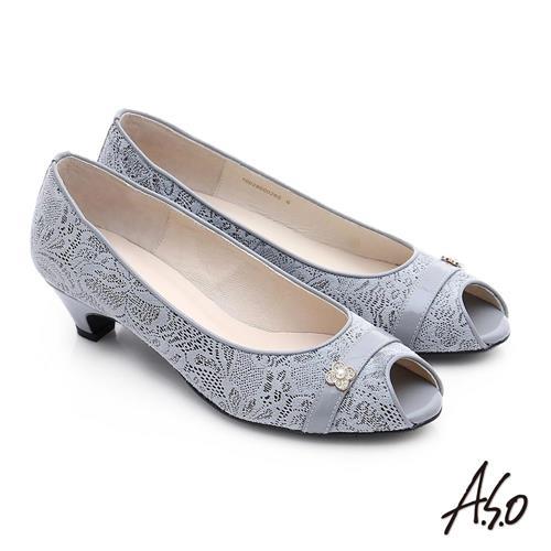 A.S.O 優雅美型 絨面真皮水鑽飾扣魚口低跟鞋- 淺灰