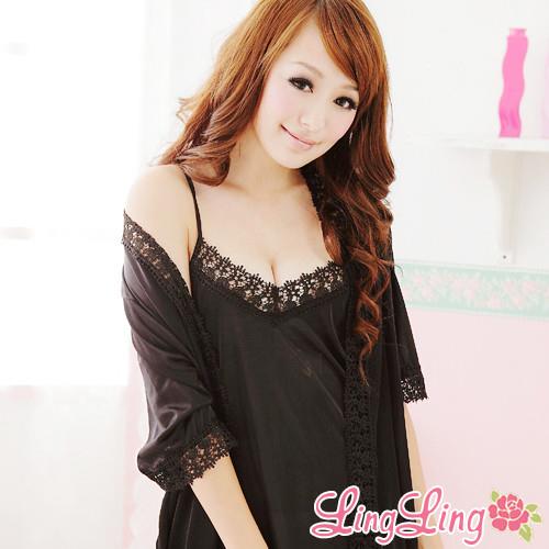 lingling日系 浪漫花漾蕾絲細肩帶洋裝+睡袍(全尺碼,共七色)