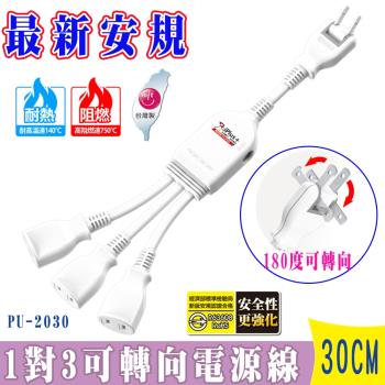 iPlus+保護傘1對3可轉向電源線組30cm(PU-2030)2孔3插座