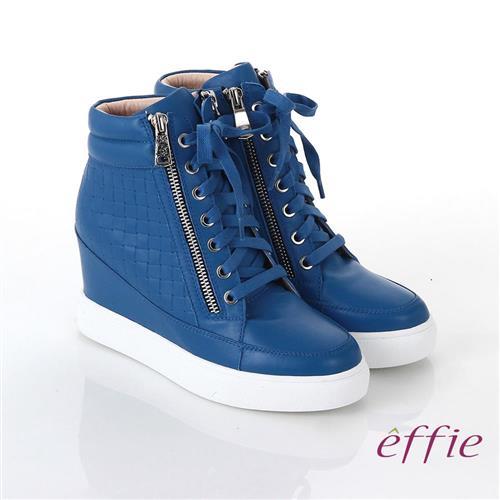 effie 心機美型 全牛皮方格壓紋內增高休閒鞋- 藍