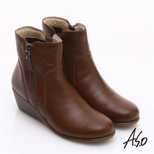 A.S.O 保暖靴 柔軟真皮雙拉鍊素面楔型短靴- 咖啡