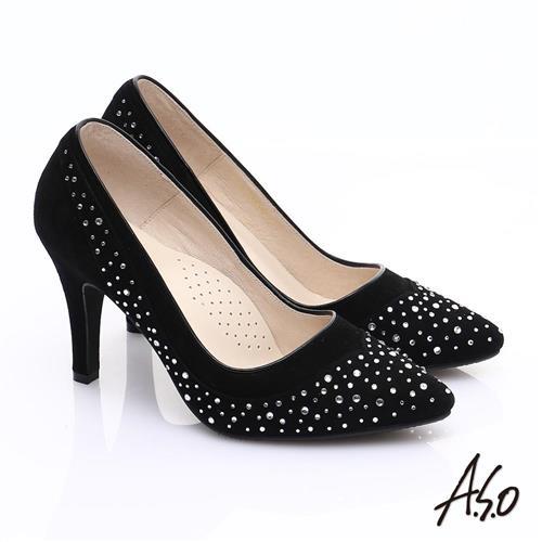 A.S.O 輕透美型 全真皮雙材質水鑽高跟鞋- 黑