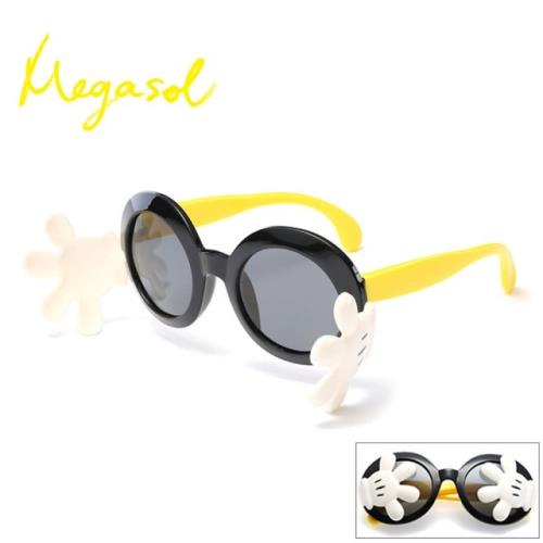 【MEGASOL】中性男孩女孩造型UV400抗紫外線偏光兒童太陽眼鏡(可愛造型款KD3397-黑框黃架)