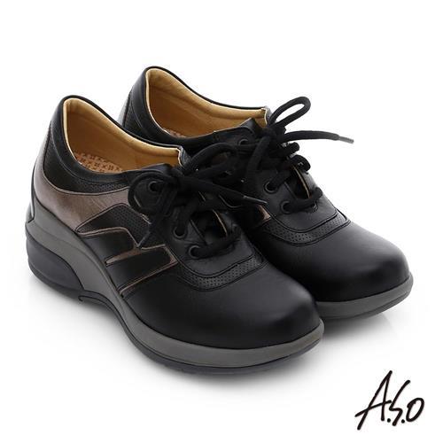 A.S.O 抗震美型 牛皮綁帶奈米楔型休閒鞋 黑