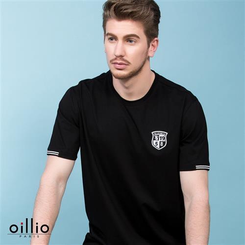 oillio歐洲貴族 男裝 短袖素面圓領T恤 簡單經典電繡 黑色-男款 精品服飾 透氣 乾爽 吸濕 排汗 彈性佳 萊卡纖維 彈力好 T-shirt