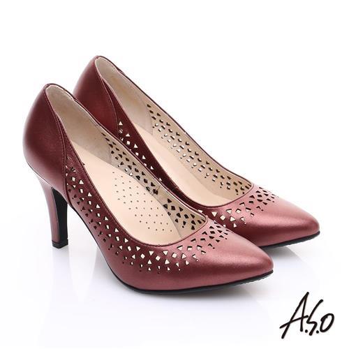 A.S.O 減壓美型 全真皮縷空浪漫高跟鞋 正紅