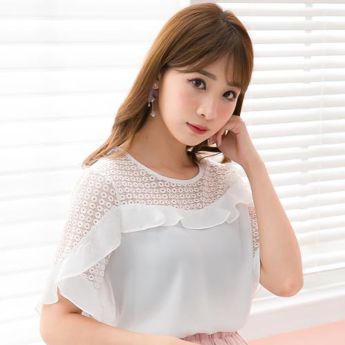 大尺碼-雪紡拼接蕾絲波浪邊短袖上衣(共二色)lingling