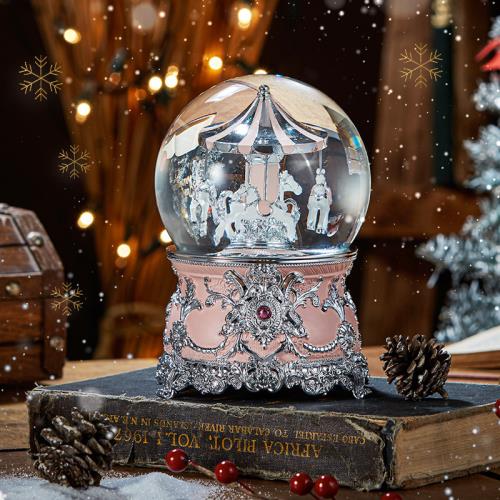 【JARLL讚爾藝術】~銀粉 遊樂馬 圓滿系 水晶球 音樂盒(PA1901) 生日禮物/情人節禮物/擺飾