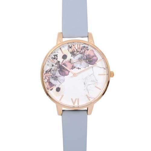 Olivia Burton 英倫復古手錶 大理石花卉紋路 粉藍色真皮錶帶玫瑰金框38mm OB16MF10