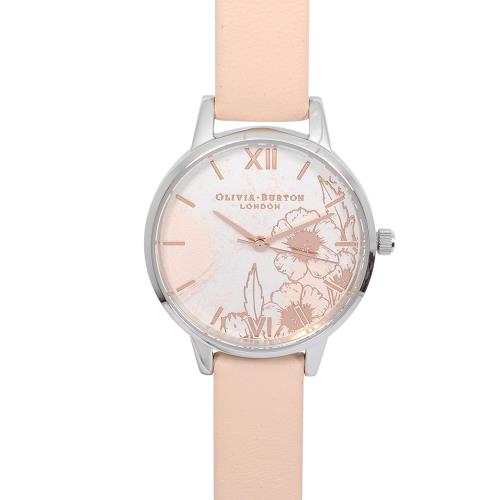 Olivia Burton 英倫復古手錶 抽象花卉浮雕 蜜桃粉色真皮錶帶銀框30mm OB16VM27