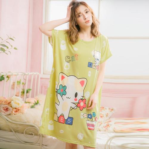 lingling日系 貓咪卡通牛奶絲短袖連身裙睡衣(全尺碼)