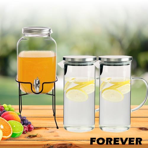 【日本FOREVER】夏天必備派對玻璃果汁飲料桶(含桶架)4L贈耐熱玻璃水壺 1L(手柄圓型款) 2入組