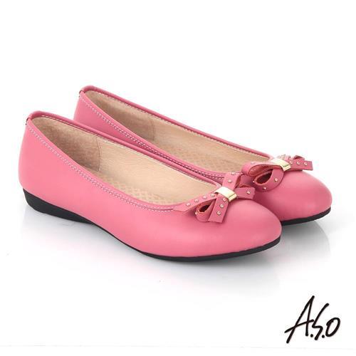 A.S.O 舒適通勤 全真皮鉚釘蝴蝶結飾奈米平底鞋 桃粉紅