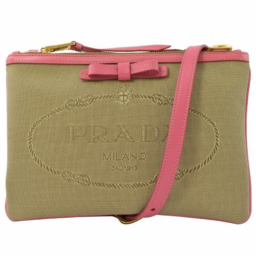 PRADA 1BH046 復古LOGO帆布皮革邊雙層拉鍊斜背包.桃