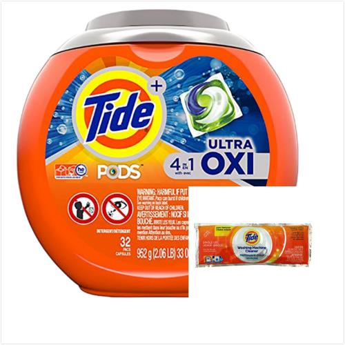 Tide汰漬洗衣凝膠球-4in1活氧配方(952g/32顆)x1盒+洗衣槽洗潔劑(75g)x10包