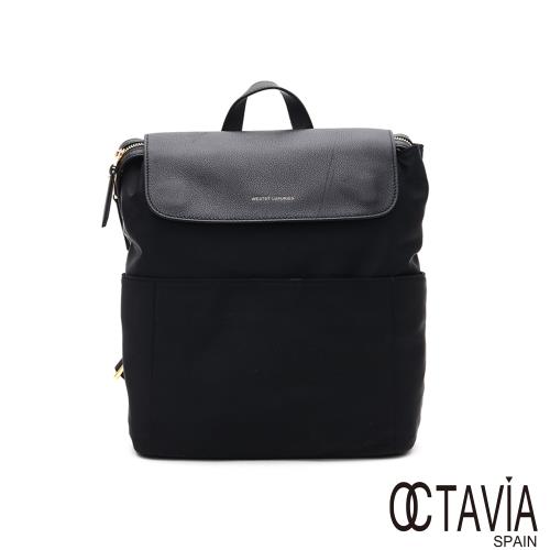 OCTAVIA 8  -  WL絕對質感系列  蓋片式方型尼龍配皮後背包 - 人文黑