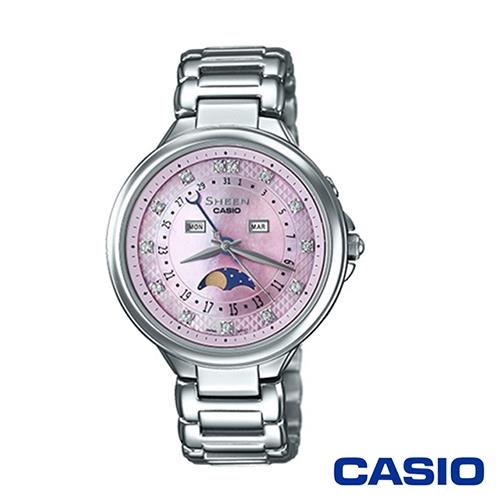 CASIO卡西歐 完美優雅氣質日月相施華洛世奇女腕錶-粉色x35mm(SHE-3044D-4A)