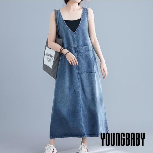 【YOUNGBABY中大碼】深V大口袋寬肩帶牛仔吊帶裙